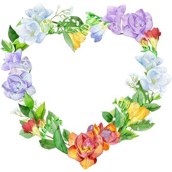 Hand drawn freesia heart shaped wreath. Design element for wedding invitations, cards