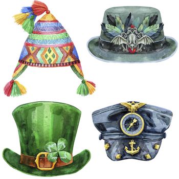 Watercolor illustration of winter colorful hat, halloween hat with with raven skull, Leprechaun green hat, black leather cap