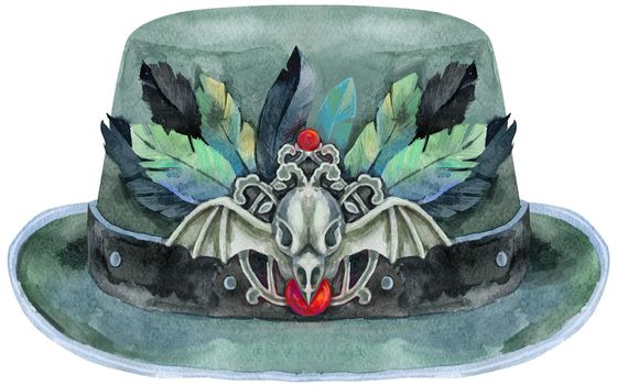 Watercolor green halloween hat with with raven skull and feathers illustration. For clothing design