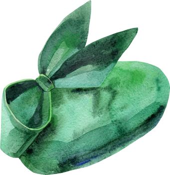 Watercolor women's green cap with bow on the side illustration. For clothing design