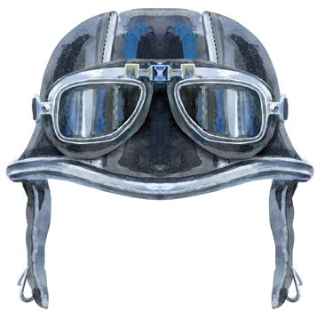 Vintage motorcycle classic helmet with goggles, hand drawn watercolor illustration