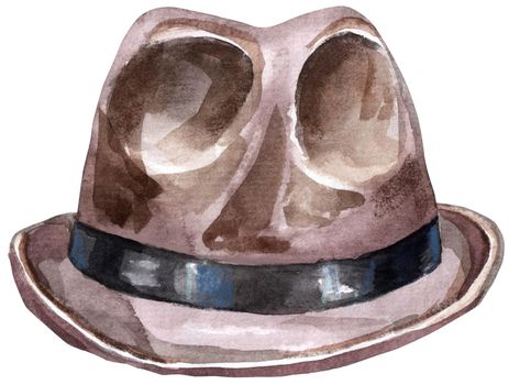 Watercolor men's brown hat with black ribbon illustration. For clothing design
