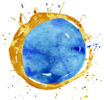 Blue and gold watercolor circle isolated on white background