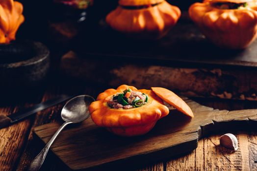 Fresh pattypan squash stuffed with minced beef and vegetables