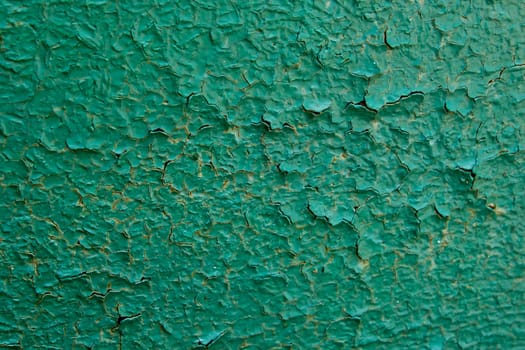 Old green paint on metal board. Texture for backdrop. Close up.