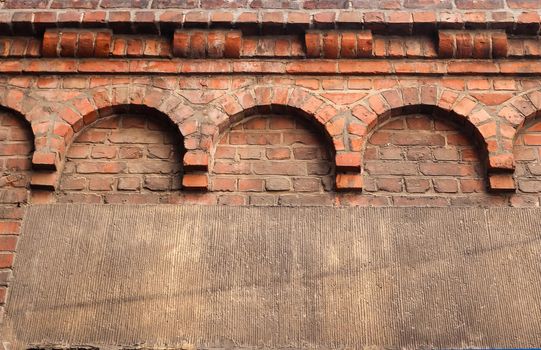 Old red rick wall. Texture of old weathered brick wall panoramic background.