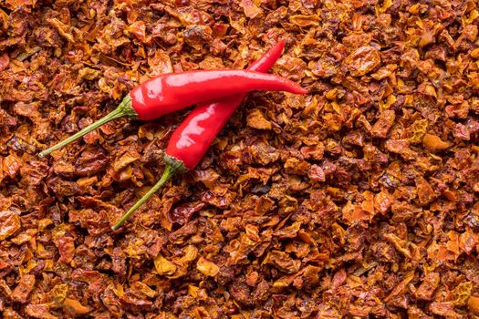 Spices from finely chopped sun-dried tomatoes. Aromatic seasoning for cooking. View from above