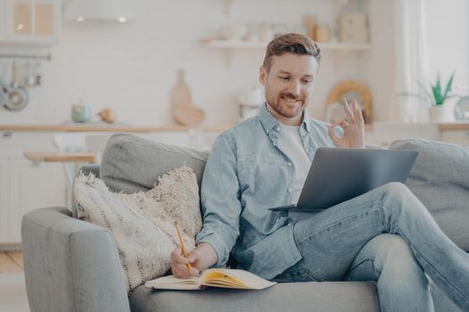 Young freelancer taking orders from client in video chat and writing them down in note book, showing okay gesture, assuring that he will finish without problems on time while sitting on couch