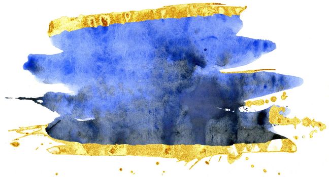 Blue and gold watercolor brush strokes isolated on white background
