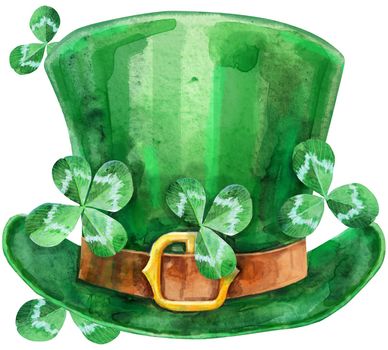 Leprechaun green hat with clover leaves isolated on white background