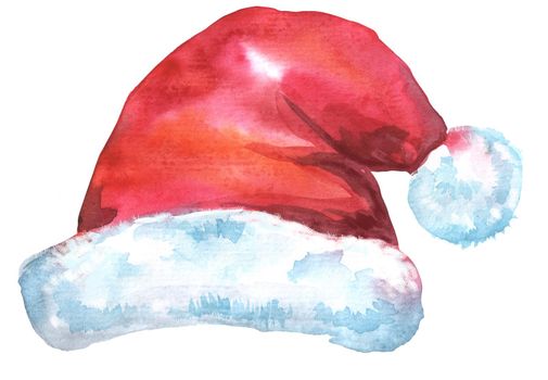 Santa Claus red hat. Watercolor illustration, isolated on white