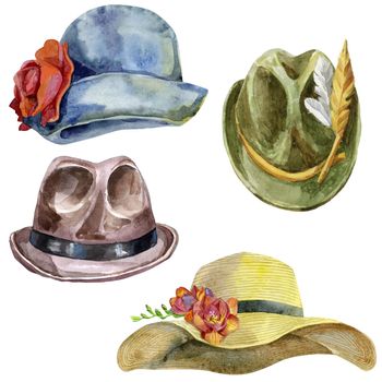 Women's cloche hat, men's brown hat, tyrolean green hat with a feather, summer wide-brimmed hat with freesia. Watercolor drawing set