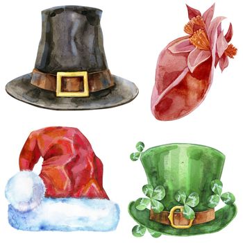 Pilgrim hat, women's red hat, Santa Claus red hat, and Leprechaun green hat. Hand drawn sketch and watercolor illustration