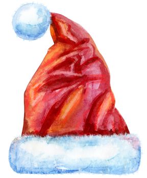 Santa Claus red hat. Watercolor illustration, isolated on white
