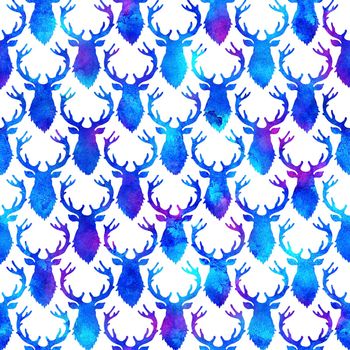 Reindeer XMAS watercolor Deer Stag eamless Pattern in Blue Color. Hand Painted Animal Moose background or wallpaper for Ornament, Wrapping or Christmas Gift.