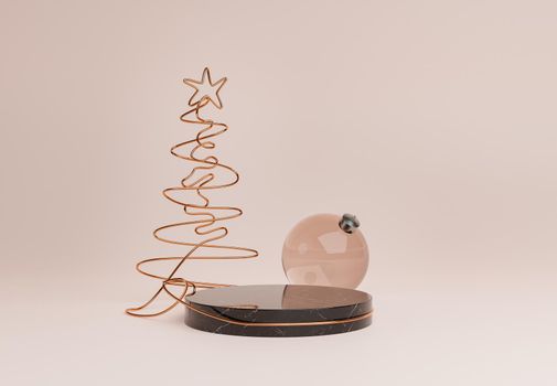 geometric shape of copper wire forming a christmas tree around a dark marble cylinder for product display. christmas podium. 3d rendering