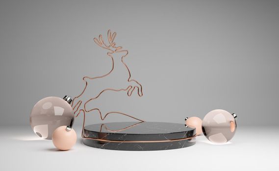 dark marble cylinder with Christmas baubles around it and a reindeer shaped copper wire. Christmas product stand. product display. 3d rendering