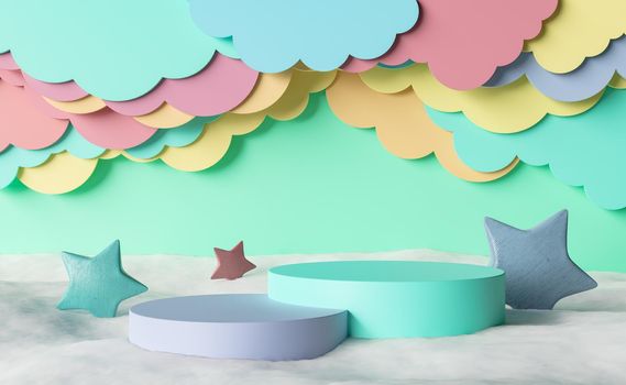 product display podium with wooden stars around and cotton floor with flat clouds in the background. children's background. 3d rendering