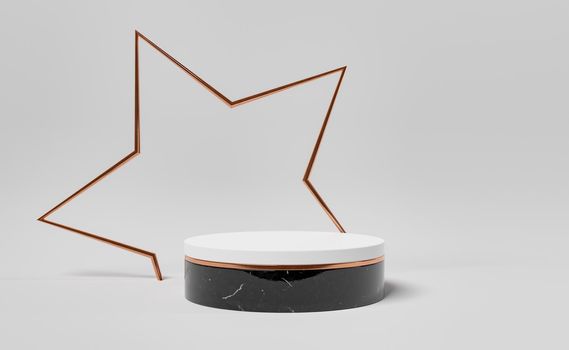 marble and copper cylinder with a large star on the back for product display. minimalist design. 3d rendering