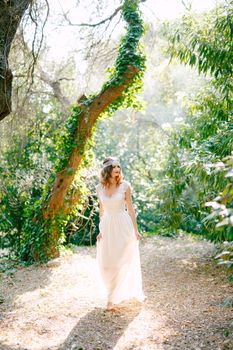 The bride stands near the beautiful tree covered with ivy in a picturesque park . High quality photo