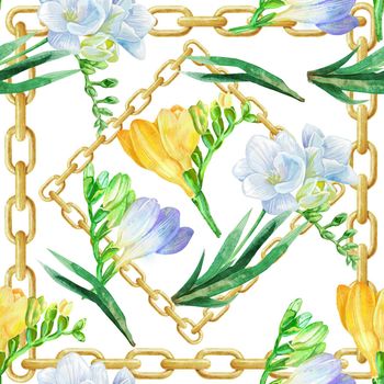 Seamless background pattern with freesia and chains. Fabric wallpaper print texture. Aquarelle wildflower for background, texture, wrapper pattern, frame or border.