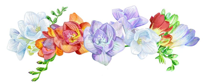 Hand drawn border of freesia and eucalyptus. Design element for wedding invitations, cards
