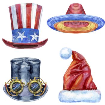 Uncle Sam Hat, sombrero, black hat topper with steampunk glasses Santa Claus red hat. Watercolor illustration