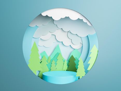 circle with a 3d Paper cut landscape and a cylinder in the center for a product sample. layered paper art style. 3d rendering