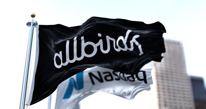 New York, USA, October 2021. Flags of Allbirds and NASDAQ flying in the wind. In october 2021 Allbirds, maker of the wool sneaker, headed for a Nasdaq listing