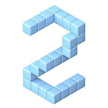 Blue cube orthographic font Number 2 TWO 3D render illustration isolated on white background