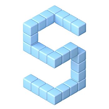 Blue cube orthographic font Letter S 3D render illustration isolated on white background