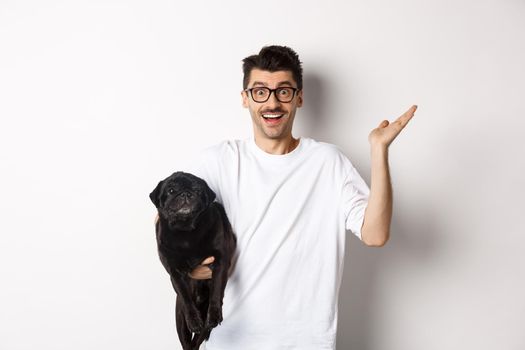 Surprised and happy dog owner holding cute black pug, raising hand up amazed, staring at camera satisfied, standing over white background.