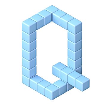 Blue cube orthographic font Letter Q 3D render illustration isolated on white background