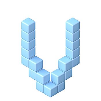 Blue cube orthographic font Letter V 3D render illustration isolated on white background