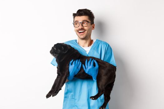 Vet clinic concept. Happy male doctor veterinarian holding cute black pug dog, smiling and looking left, standing over white background.