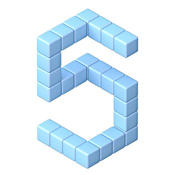 Blue cube orthographic font Number 5 FIVE 3D render illustration isolated on white background