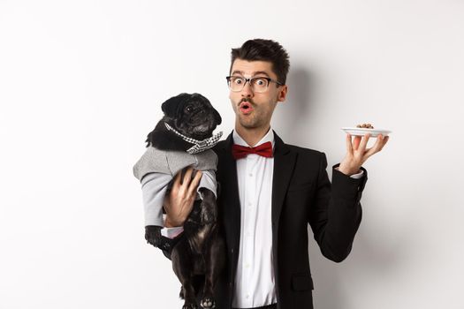 Handsome young hipster in suit and glasses holding cute black pug and pet food on plate, standing over white background.