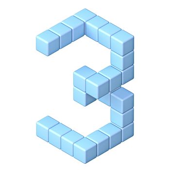 Blue cube orthographic font Number 3 THREE 3D render illustration isolated on white background