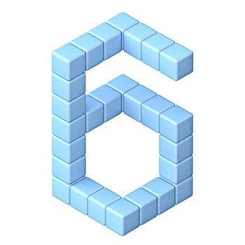 Blue cube orthographic font Number 6 SIX 3D render illustration isolated on white background
