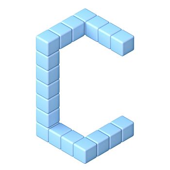 Blue cube orthographic font Letter C 3D render illustration isolated on white background