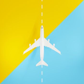 Top view Airplane during landing or taking off over ground on runway from the airport, Large jet plane takeoff on yellow and blue background, business travel flight concept, 3D rendering illustration