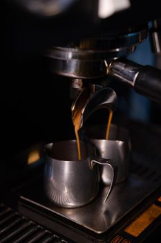 close up of a professional coffee machine. loft dark coffee shop.