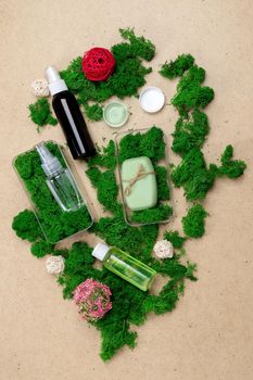 Cosmetic and moss, Skin care, organic body treatment, spa concept. Biophilia design. Organic cosmetics. Flat lay.