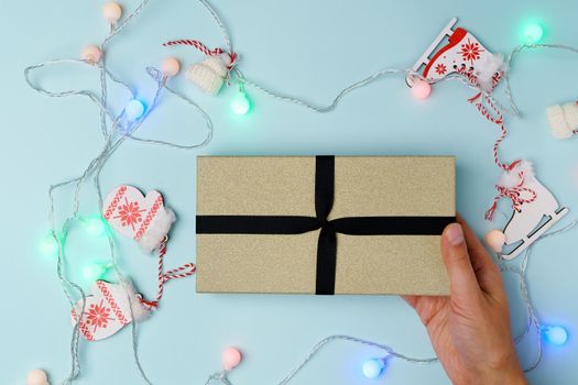 Christmas ornaments and gift boxes. Flat lay, top view. Christmas background.