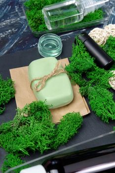 Cosmetics and natural soap Moss stones. Natural cosmetics concept