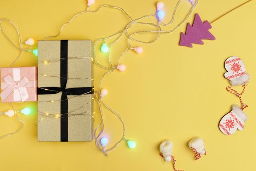 New Year or Christmas gift box holiday concept. Top view with empty space for text and design.