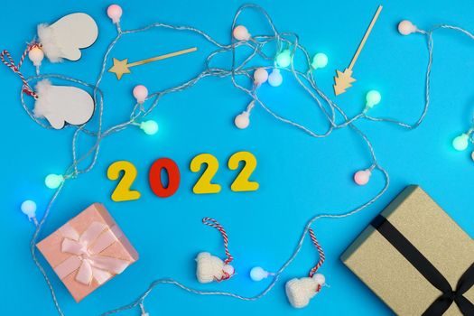 Gift box present gift, holiday, xmas, christmas 2022. shopping, sale concept. Blue background top view