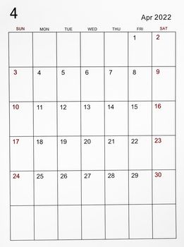 The April 2022 calendar template.