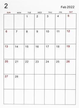 The February 2022 calendar template.