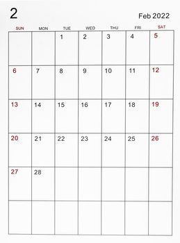 The February 2022 calendar template.
